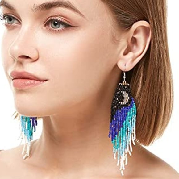 Crescent Moon Night Long 5" Earrings Handmade Beaded Oversized Blue Black - Picture 4 of 7